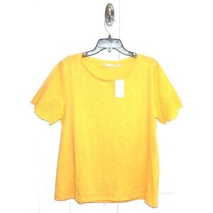 I.B. Diffusion Women's Floral Eyelet Short Sleeve Cotton Blend Tee in Lemon XL